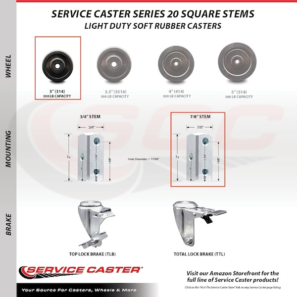 3 Inch Soft Rubber Swivel 7/8 Inch Square Stem Caster Total Lock Brakes, 2PK
